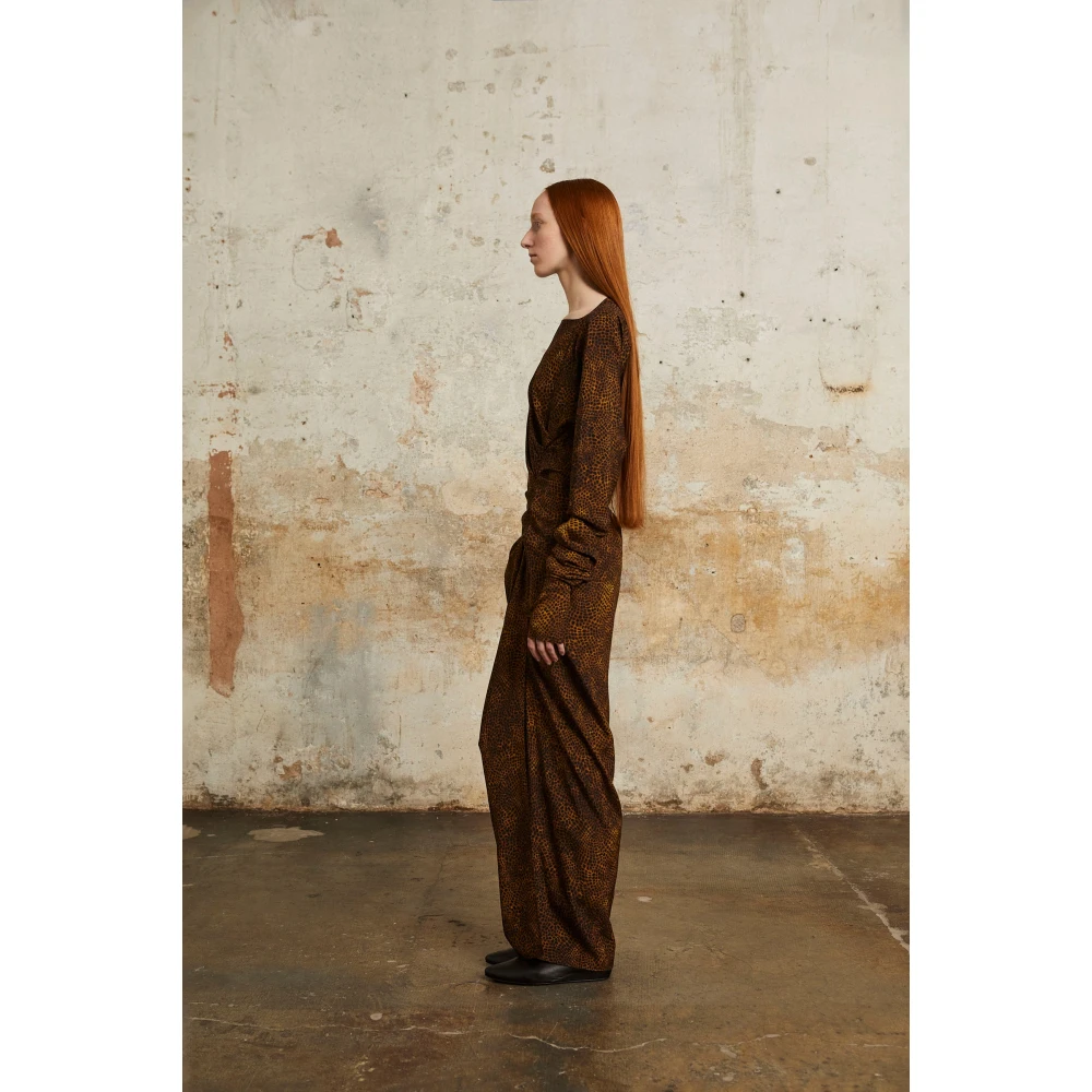 Cortana Dierenprint zijden asymmetrische lange jurk Brown Dames