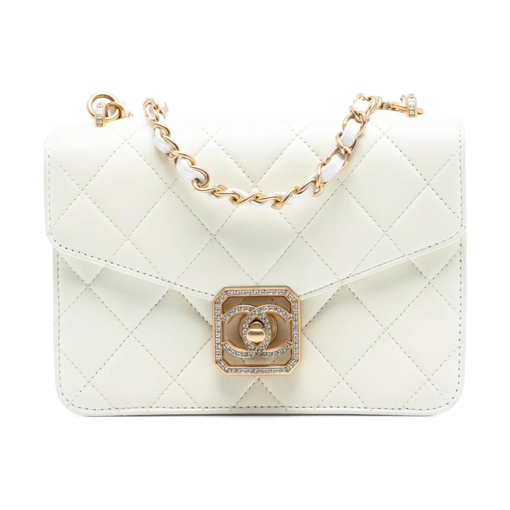 Chanel Vintage Women's White Pre-Owned Quilted Lambskin Flap Bag With Crystal Embellishments