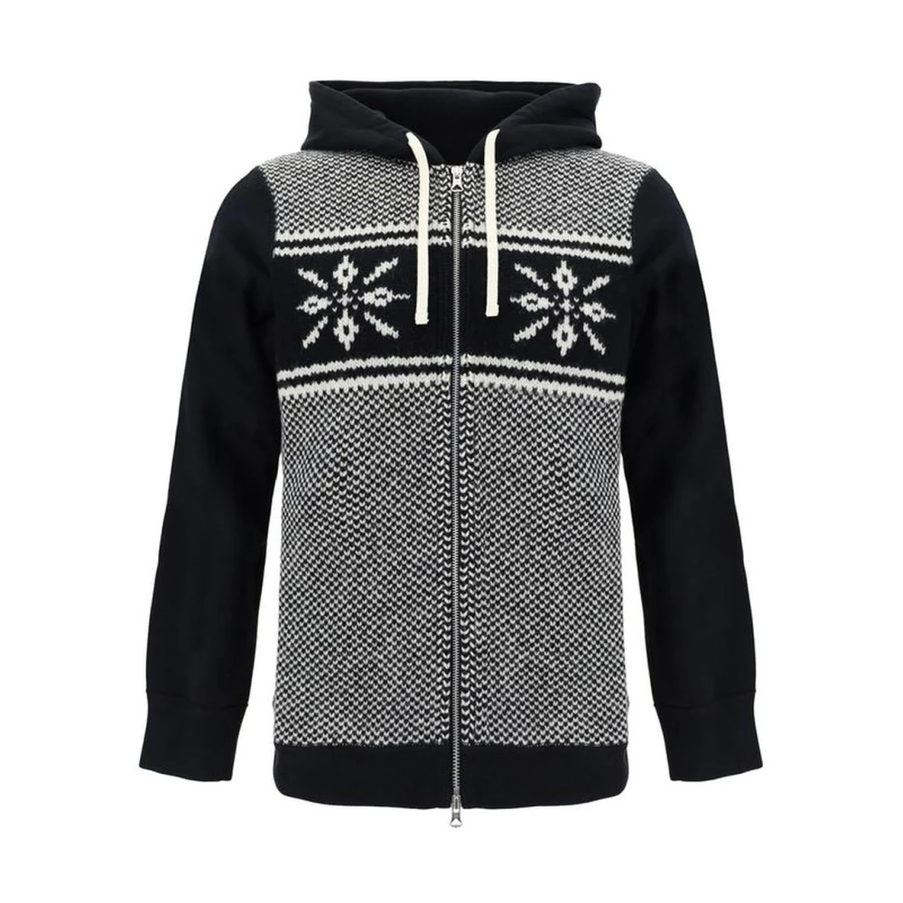 Junya Watanabe Katoenen Hoodie met Wol Gebreid Voorpaneel Black Heren