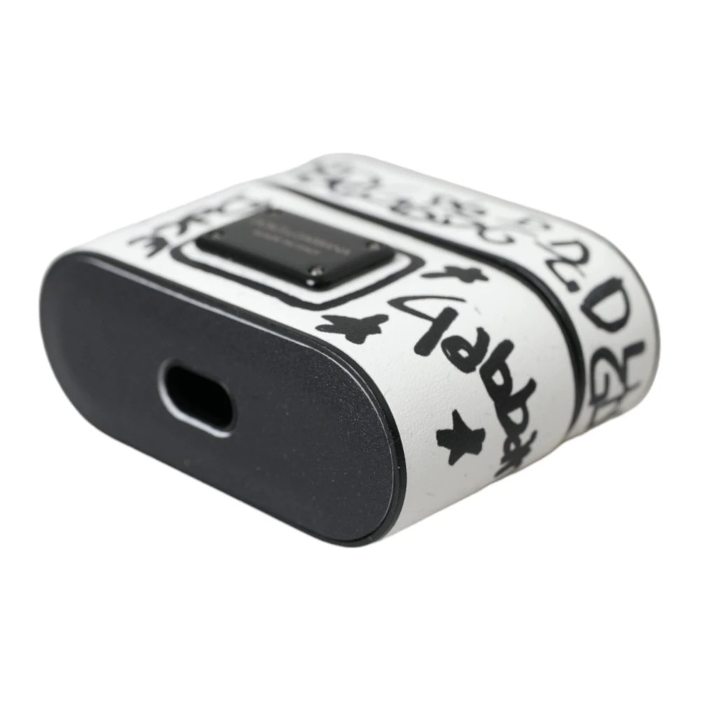 Dolce & Gabbana Zwart Wit Leren Scribble Airpods Hoesje Black Unisex