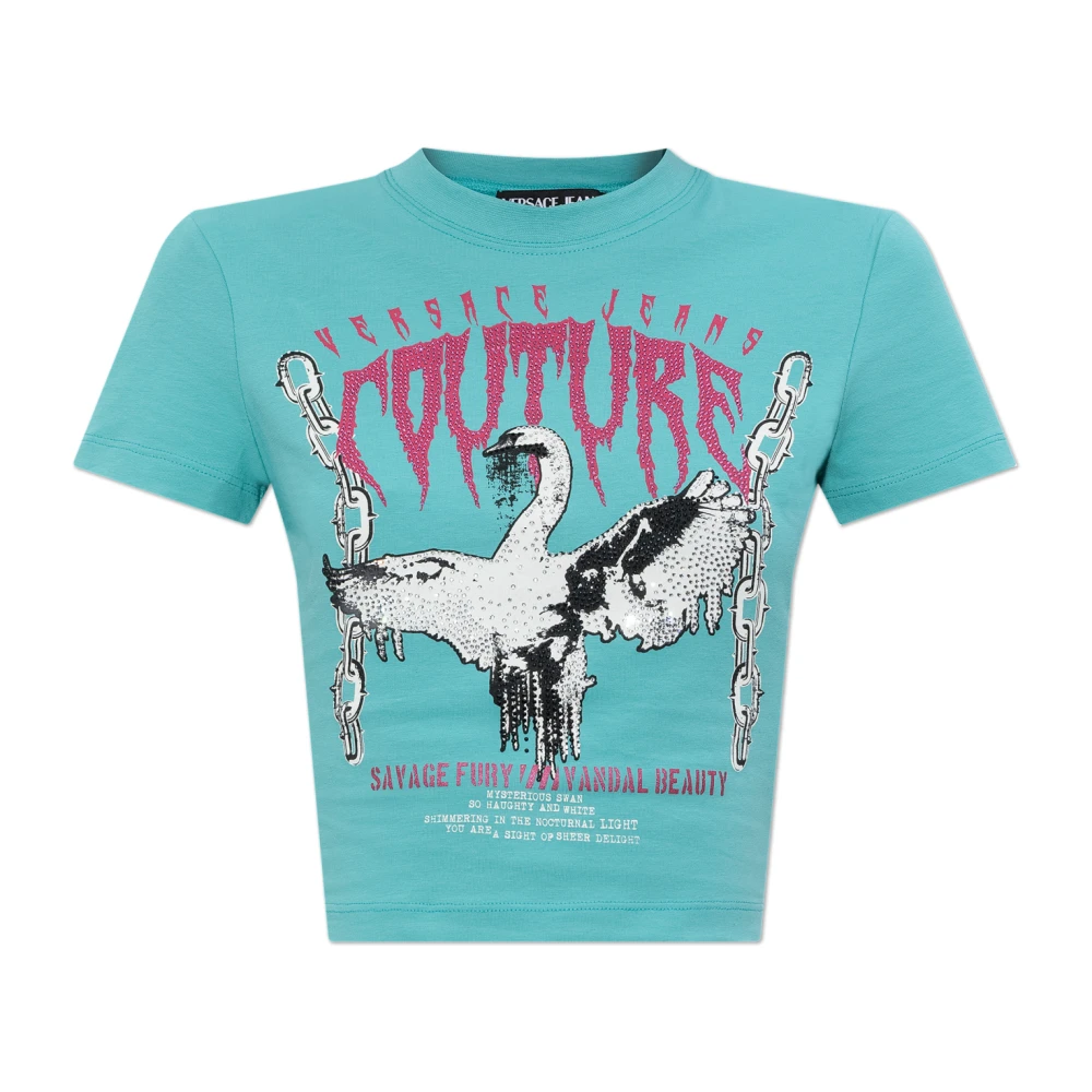 Versace Jeans Couture T-shirt med tryck och skimrande applikationer Blue, Dam