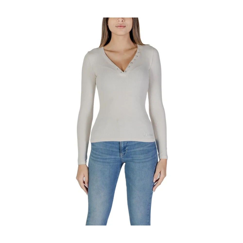 Guess Crème Gebreide Henley Hals Top Beige Dames