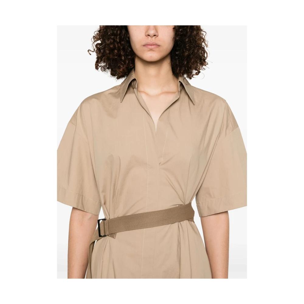 BRUNELLO CUCINELLI Lichtbruine V-hals Jurk met Zakken Brown Dames