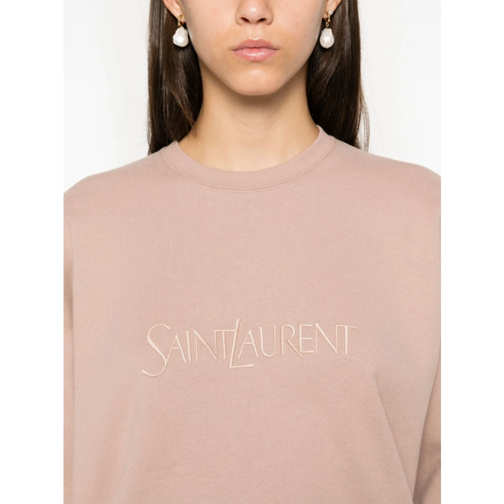 Saint Laurent Roze Crew Neck Sweater Geborduurd Logo Pink Dames