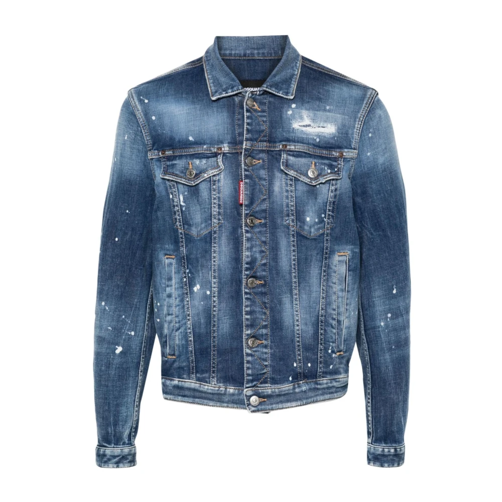 Dsquared2 Denim Distressed Paint Splatter Jacket Blue Heren