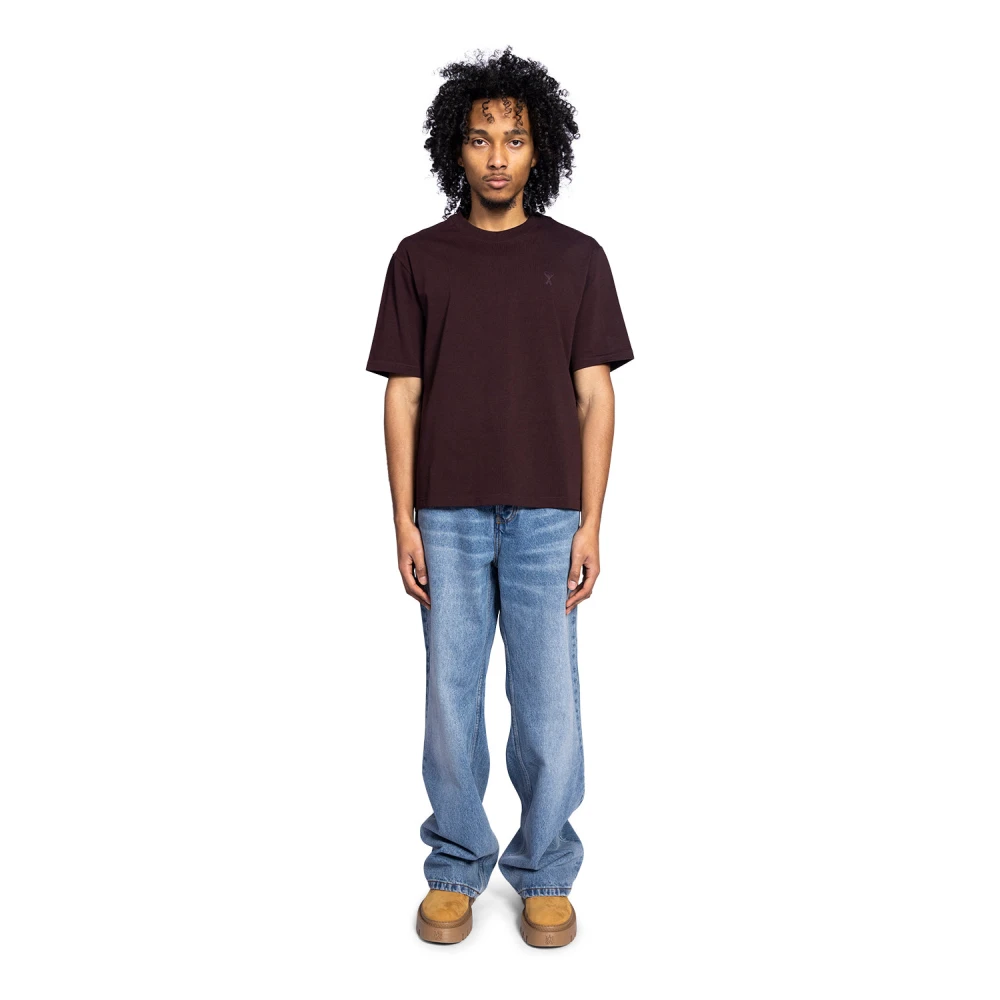Ami Paris Tonal Eggplant Boxy Tee Shirt Red Heren