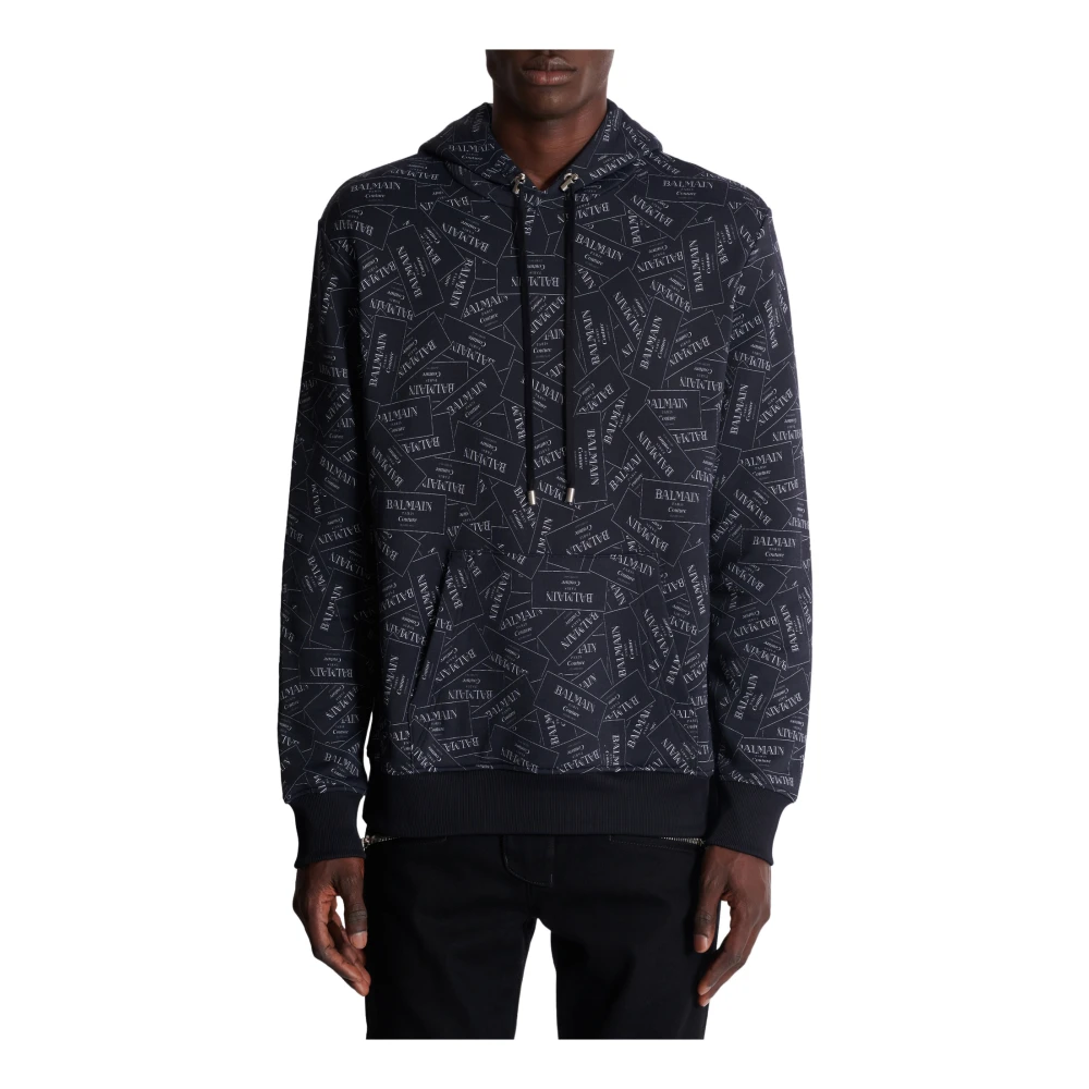 Balmain Hoodie met all-over label print Black Heren