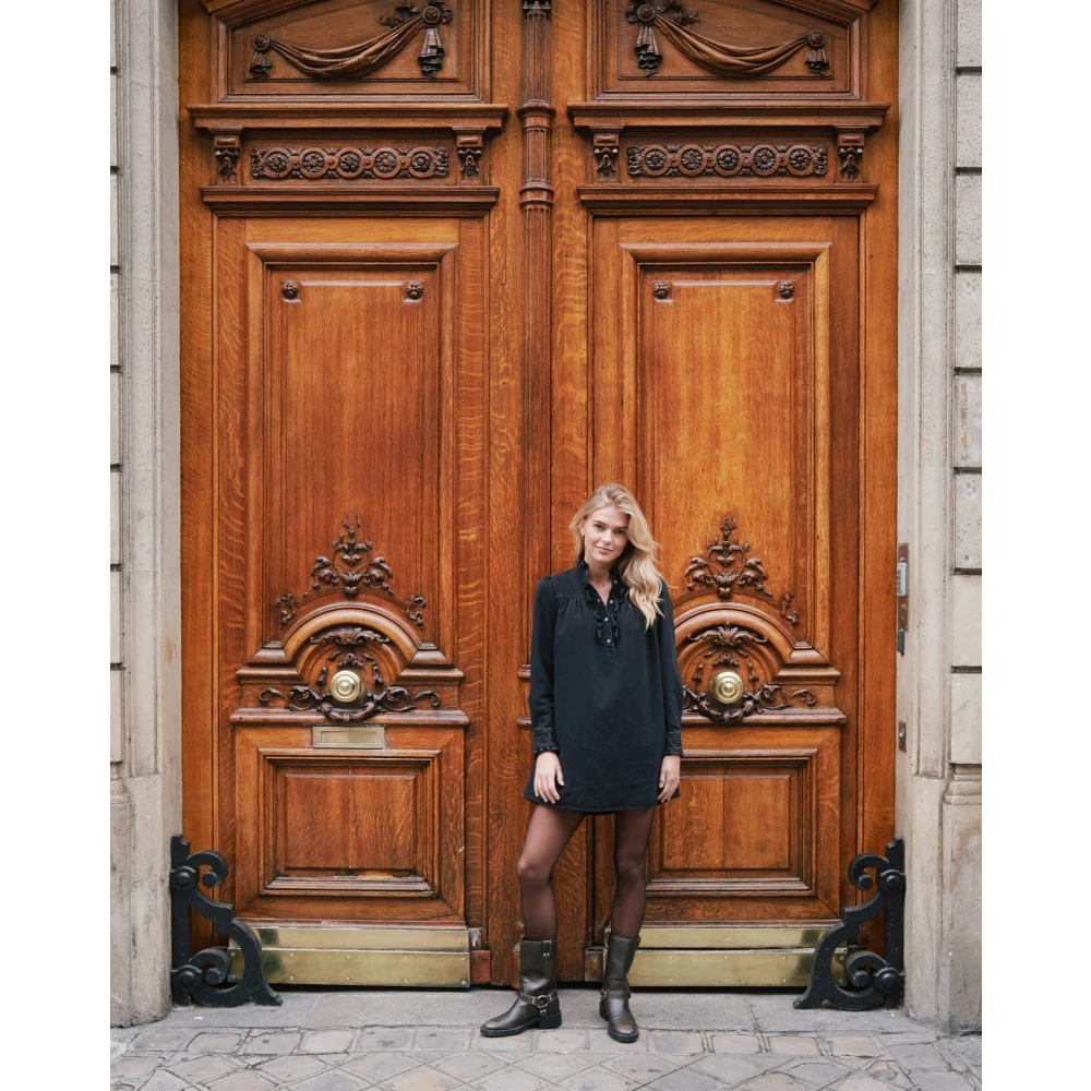 NEO NOIR Denim Jurk met Volant Details Black Dames