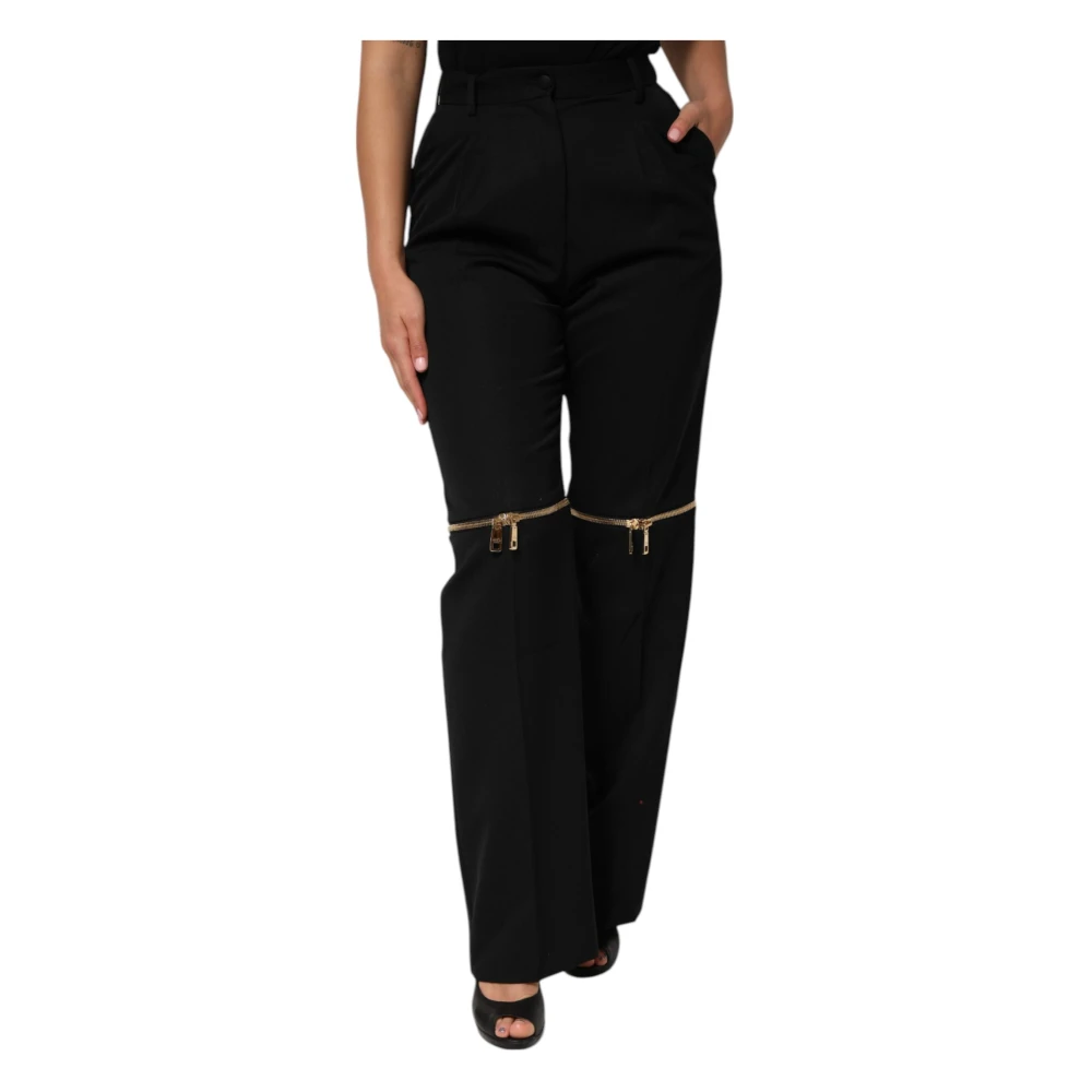 Dolce & Gabbana Women's Black Wool Straight Leg Trousers - Wide Trousers - M - Trousers