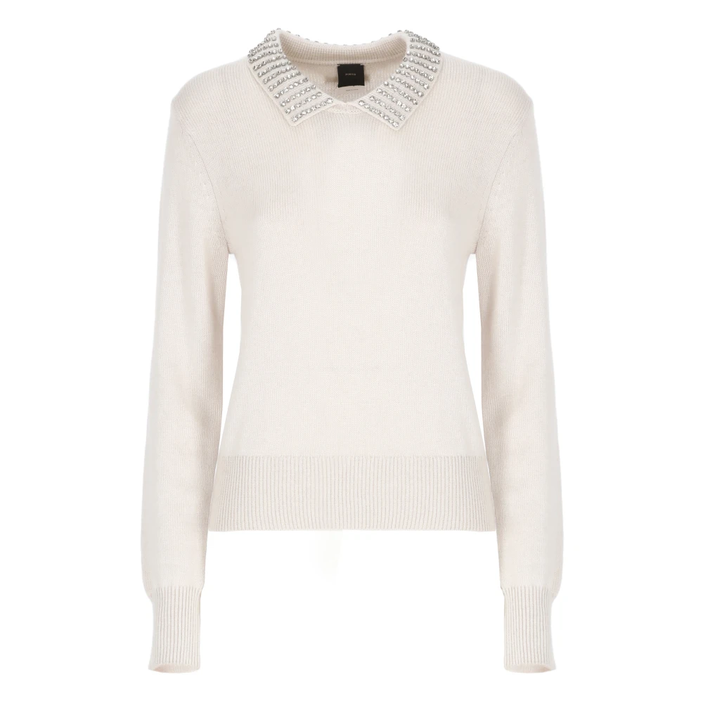 Pinko Women's Beige Round-Neck Knitwear, L, Jumper With Collar And Rhinestones