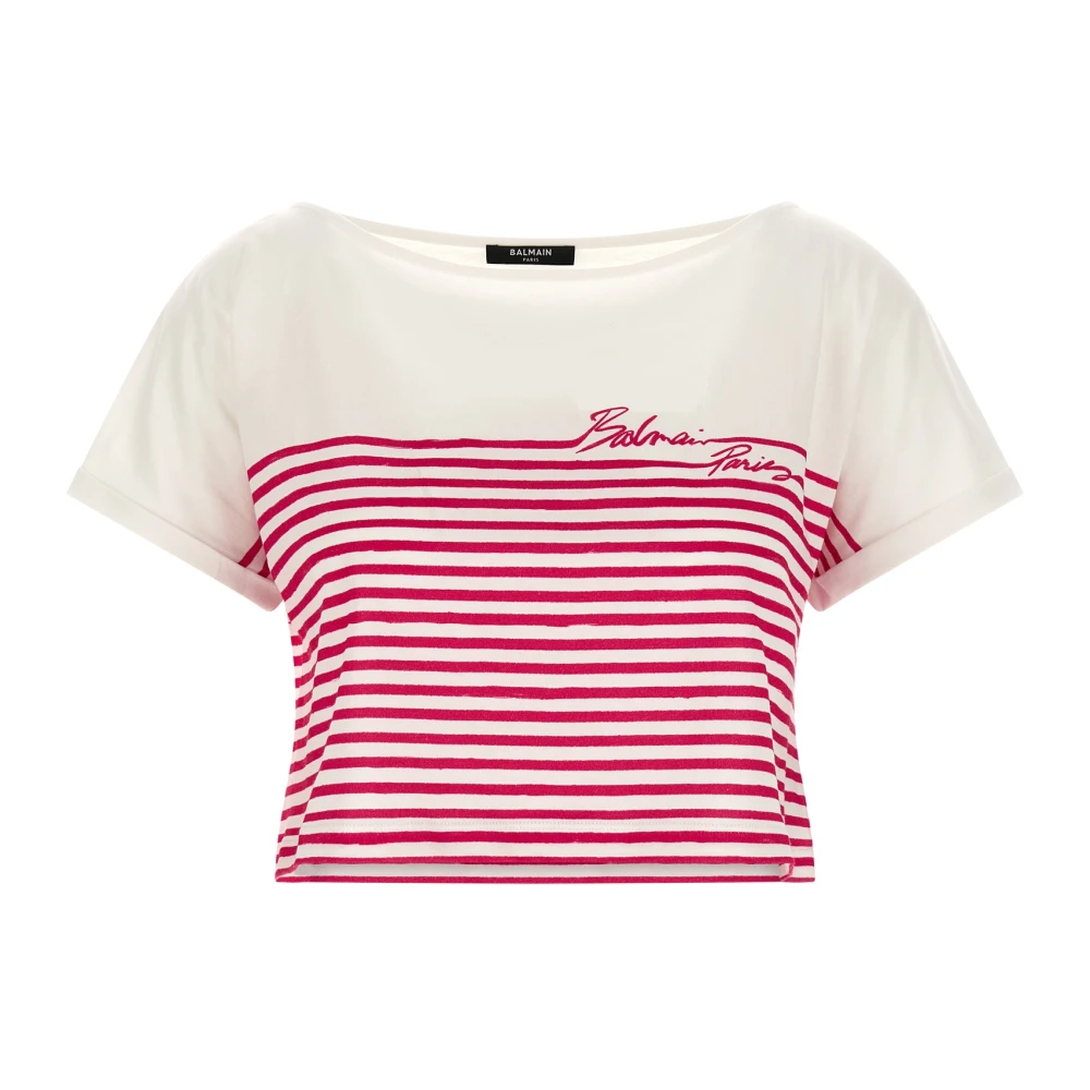 Balmain Women's Pink Marinière Cropped T-Shirt