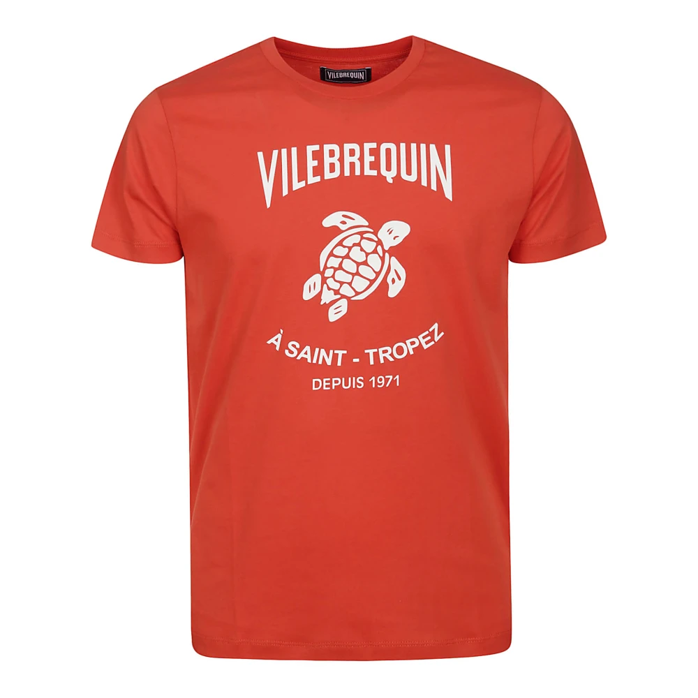 Vilebrequin Rode Geribbelde Crew Neck T-Shirt met Schildpad Logo Red Heren