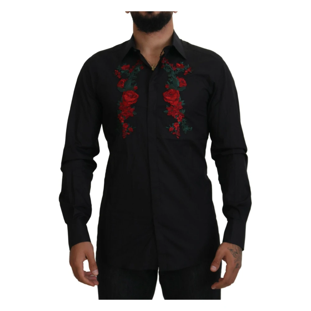 Dolce & Gabbana Zwarte Bloemenborduurwerk Heren Lange Mouwen Shirt Black Heren