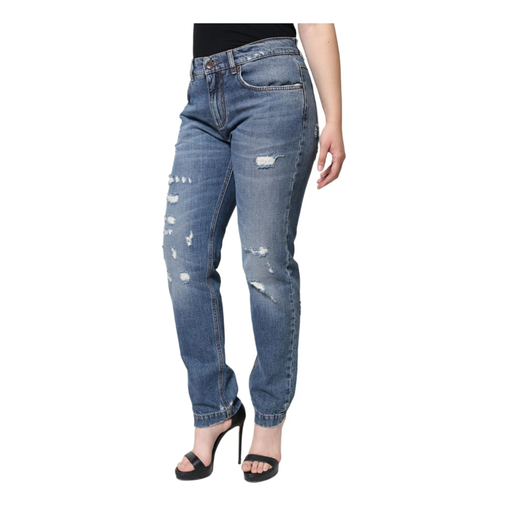 Dolce & Gabbana Versleten Boyfriend Denim Jeans Rits Sluiting Blue Dames