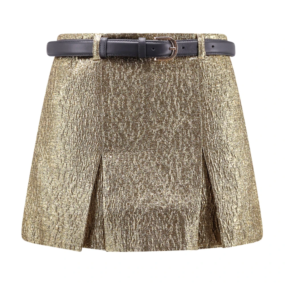 Self Portrait Metallic Gouden Stof Shorts met Leren Riem Yellow Dames