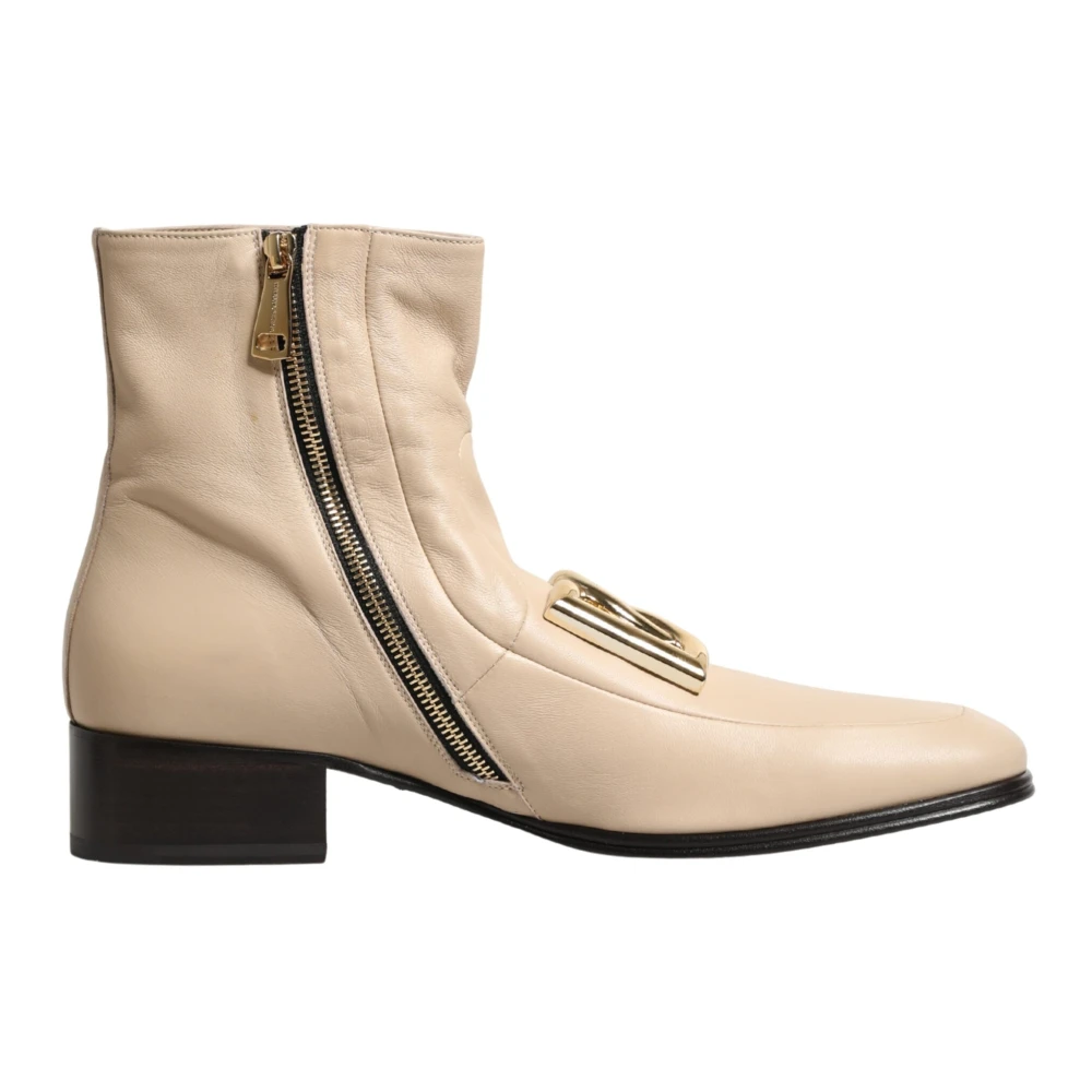 Dolce & Gabbana Women's Beige Leather Logo Plaque Ankle Boots