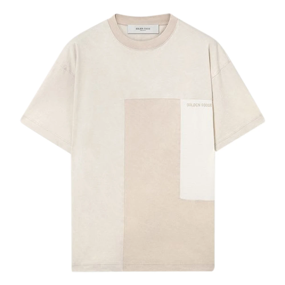 Golden Goose Men's Beige/Golden T-Shirt In Cotton Jersey With Patchwork Effect