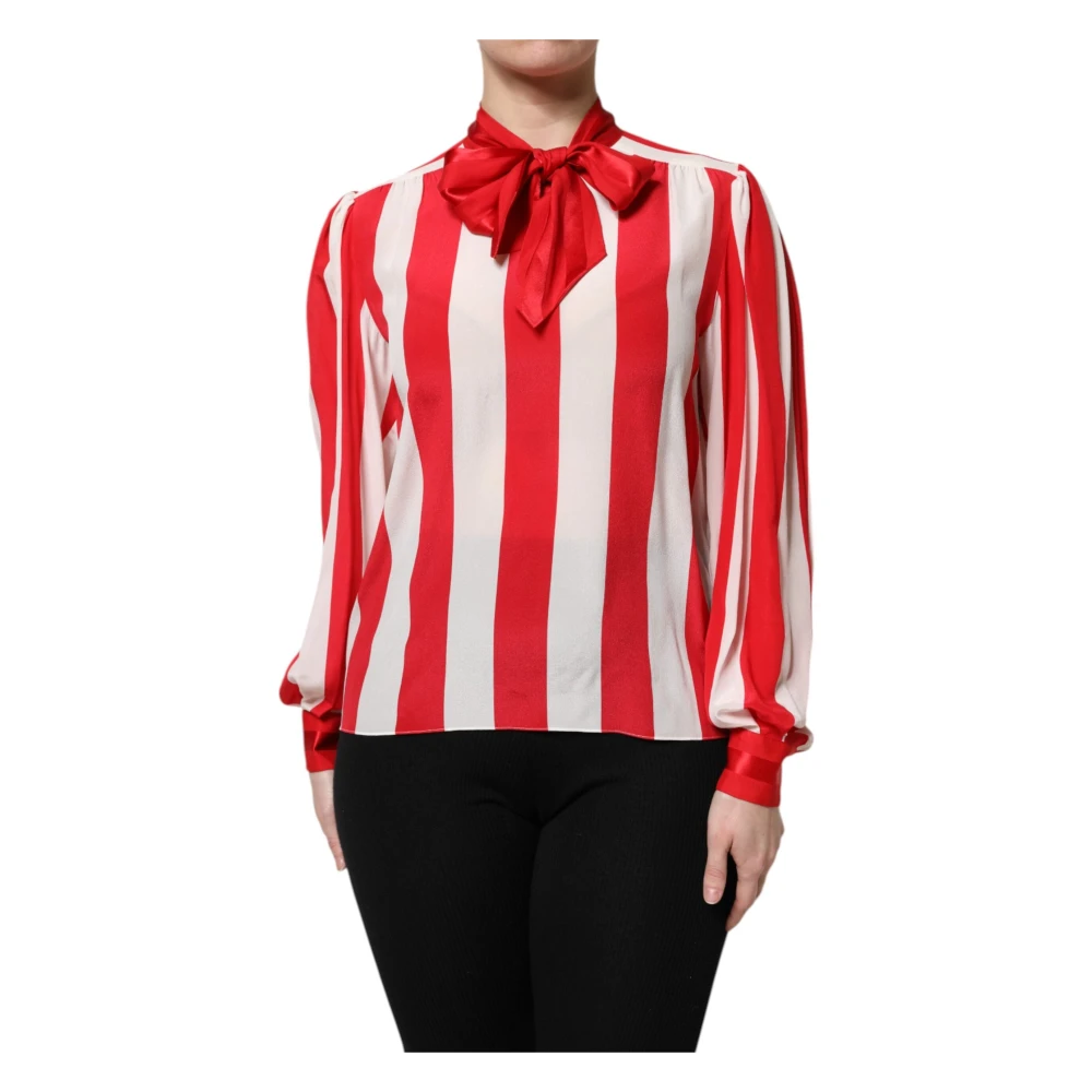 Dolce & Gabbana Women's Multicolor Blouses, M, Stripes Silk Ascot Collar Blouse Top