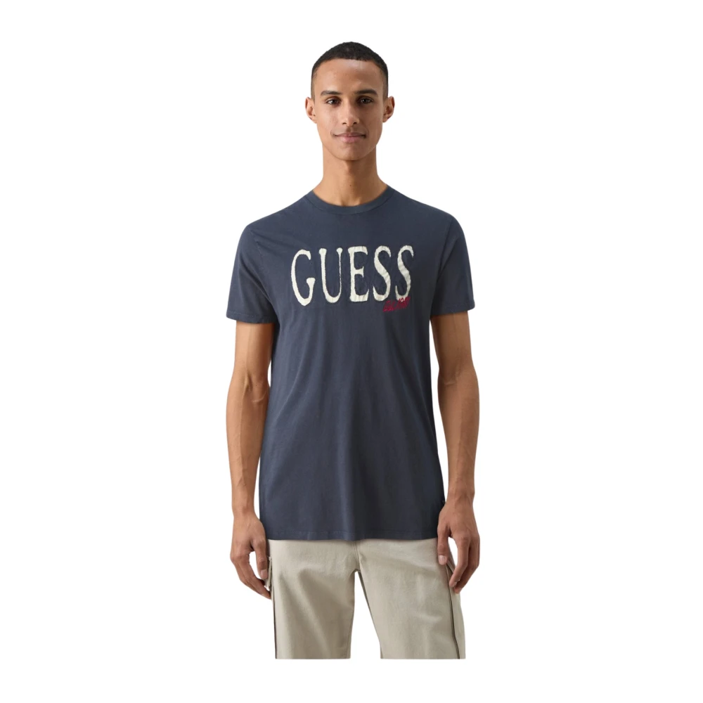 Guess Katoen Logo T-shirt Blauwe Rechte pasvorm Blue Heren