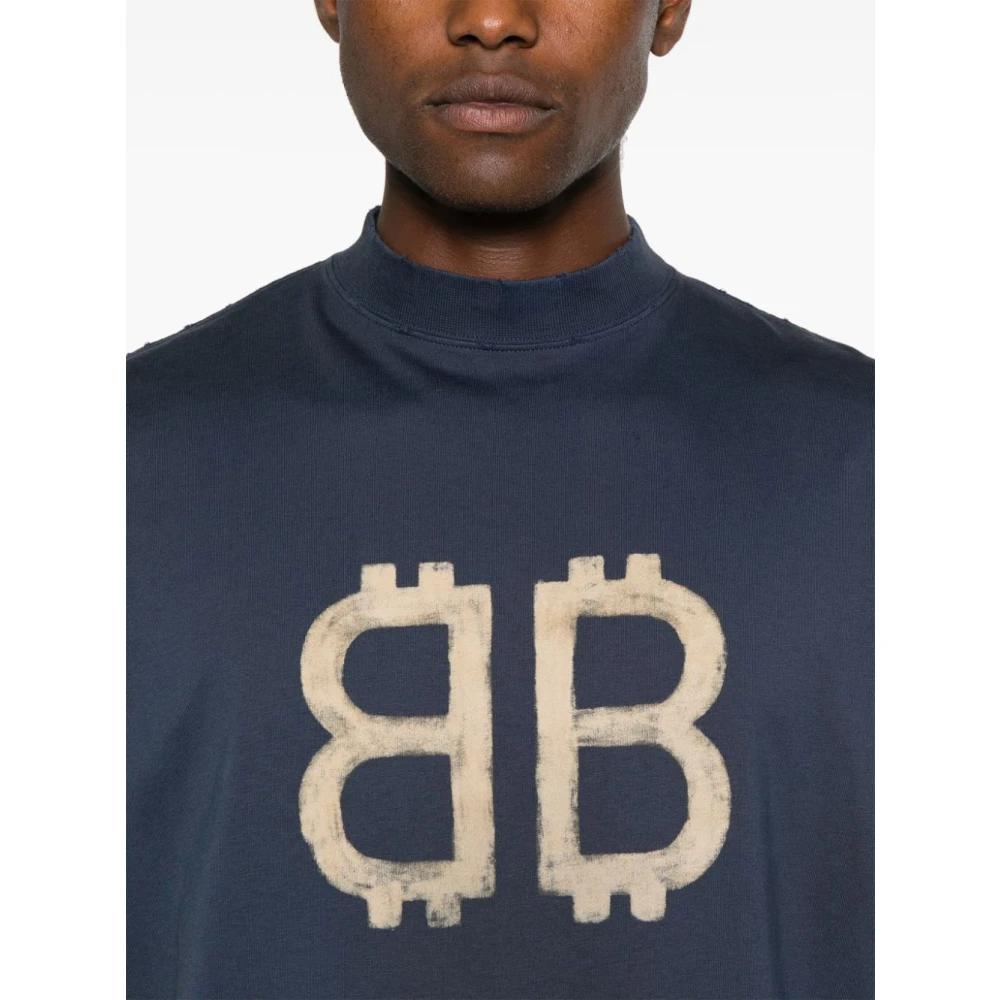 Balenciaga Marino Washed Logo Beige T-shirt Blue Heren