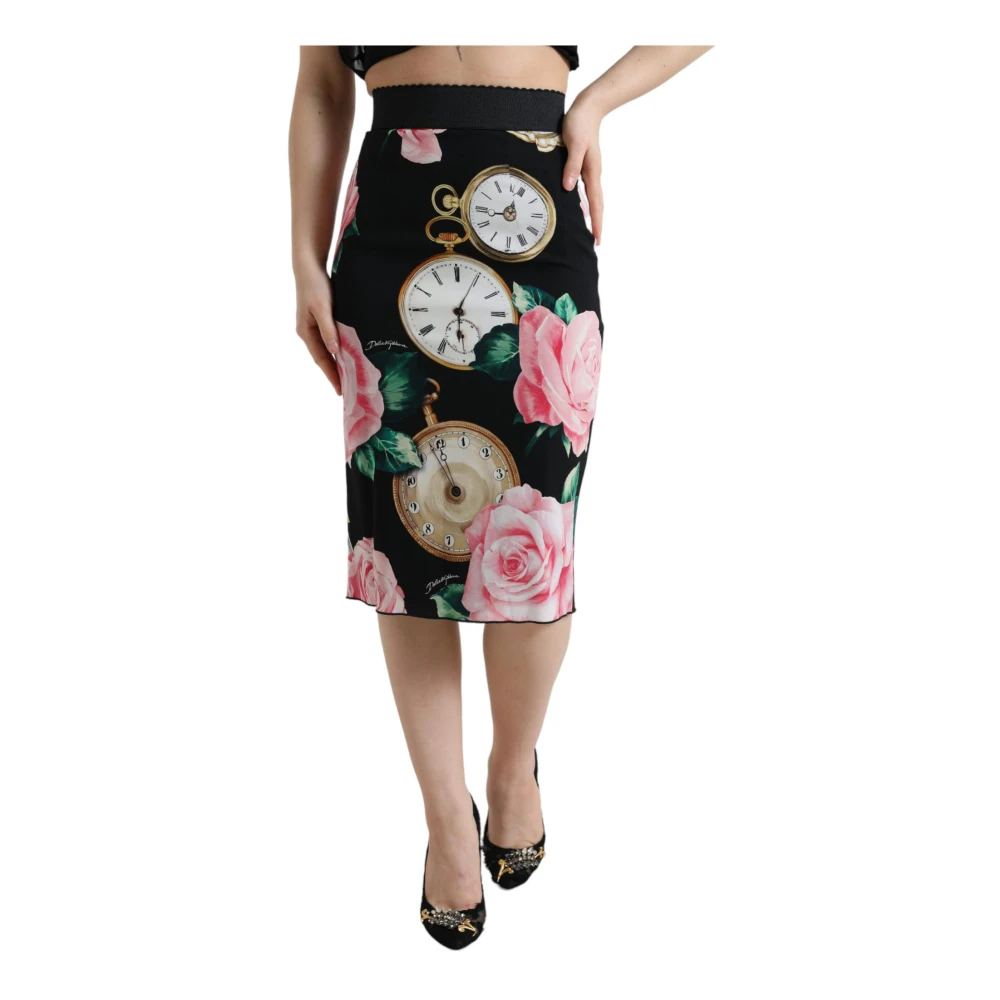 Dolce & Gabbana Zijden rok met rozen- en klokkenprint Black Dames