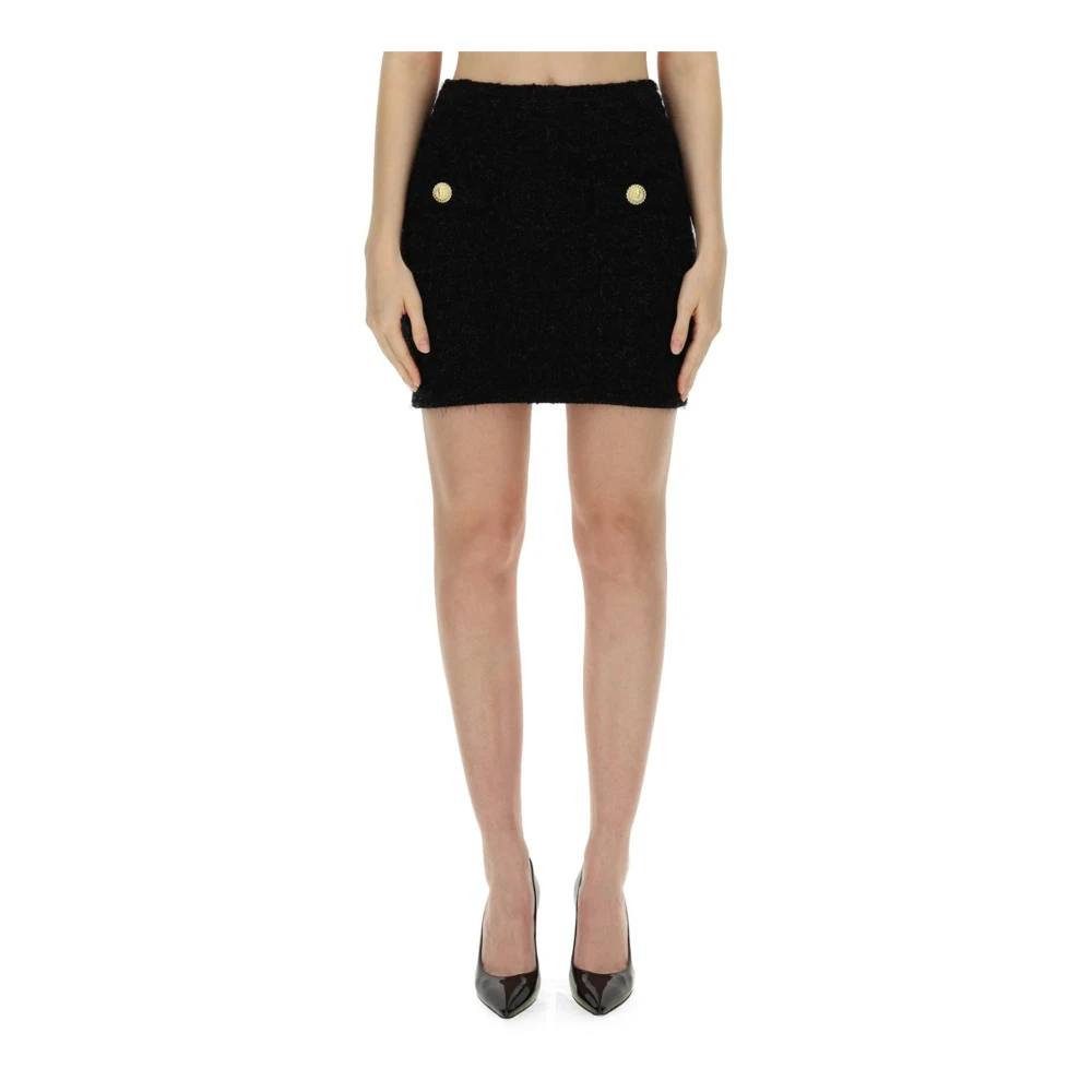 Balmain Tweed Mini Rok Gouden Knoop Detail Black Dames