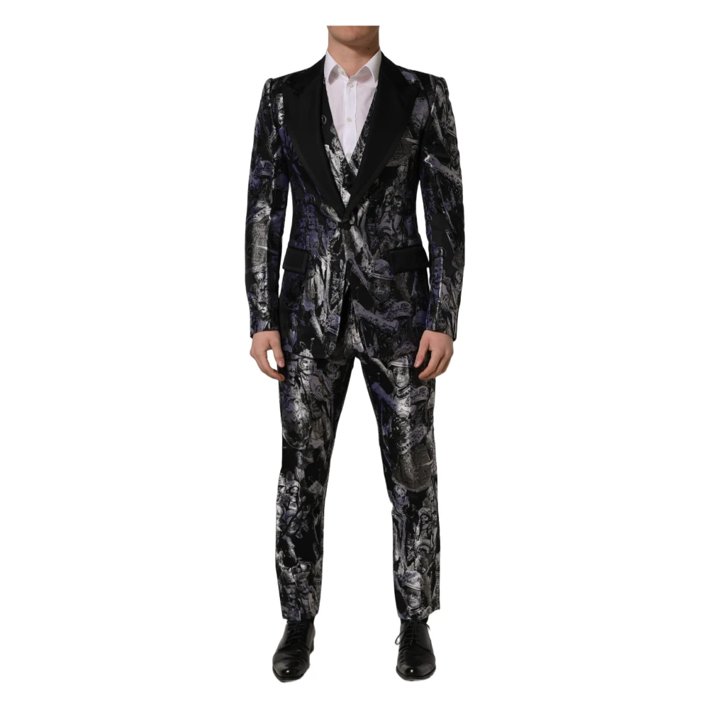 Dolce & Gabbana Men's Black Single Breasted Suits, M, Jacquard Slim Fit 3-Piece Suit