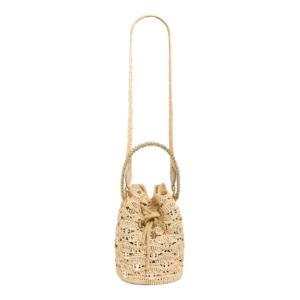 Paco Rabanne Handgeweven Raffia Bucket Tas met Metalen Schijven Brown Dames