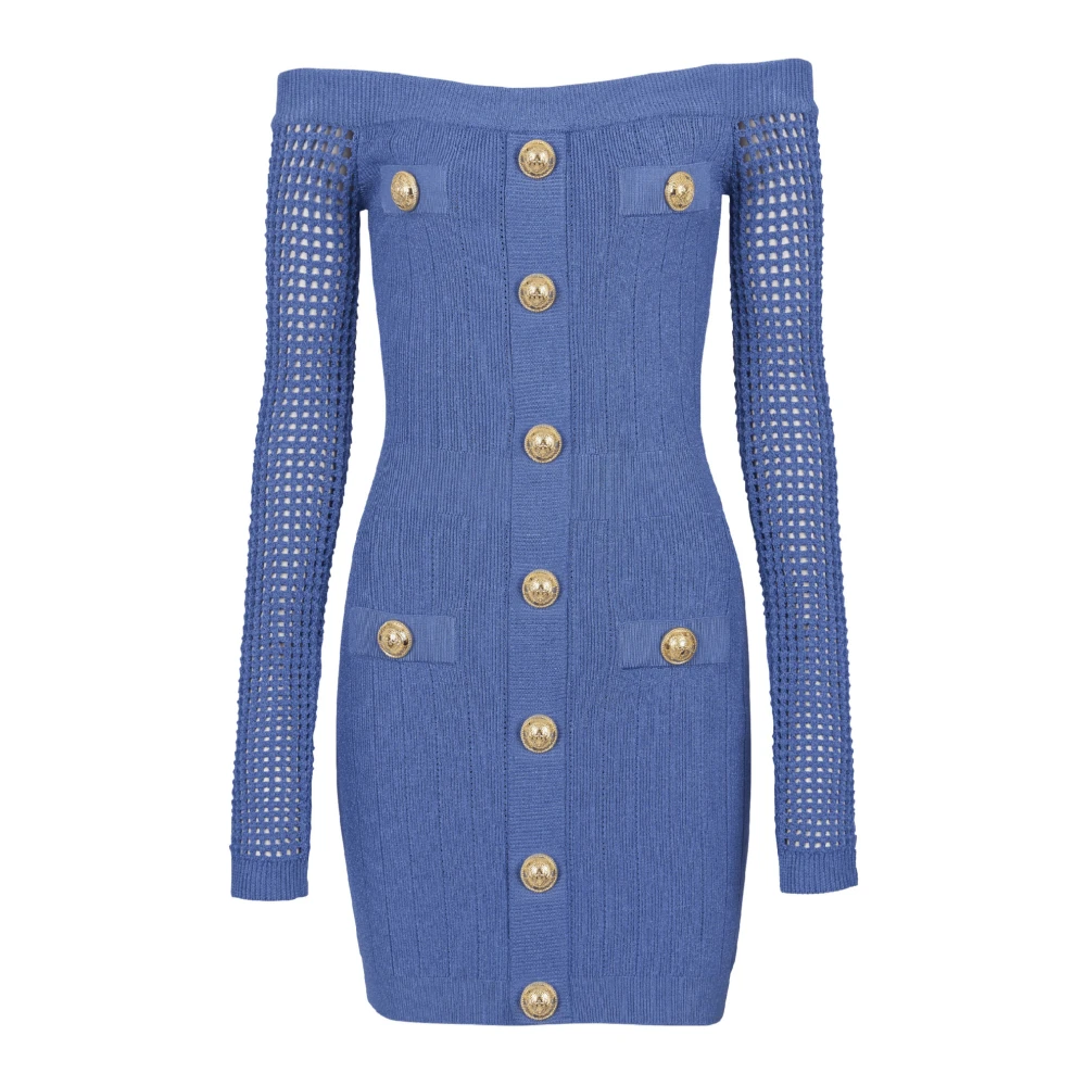 Balmain Off-shoulder mesh gebreide jurk Blue Dames