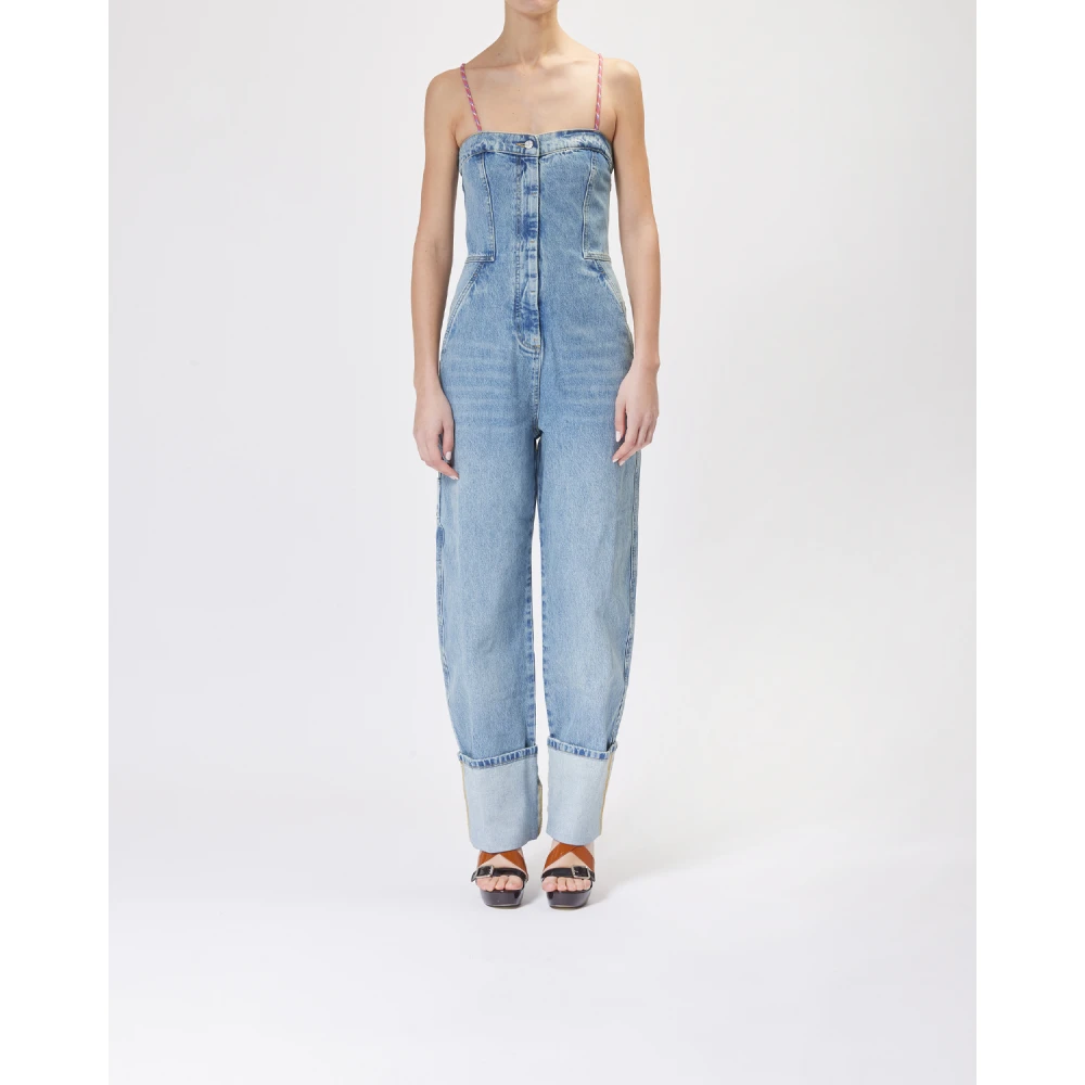 Moschino Denim Cargo Jumpsuit met Roze Trekkoorden Blue Dames