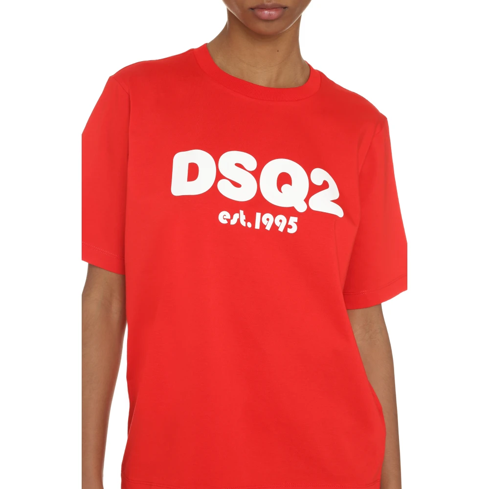 Dsquared2 Gedrukt Katoenen T-shirt Geribbelde Randen Red Dames