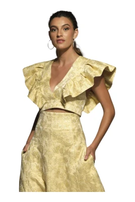 Gul Brokad V-ringad Crop Top