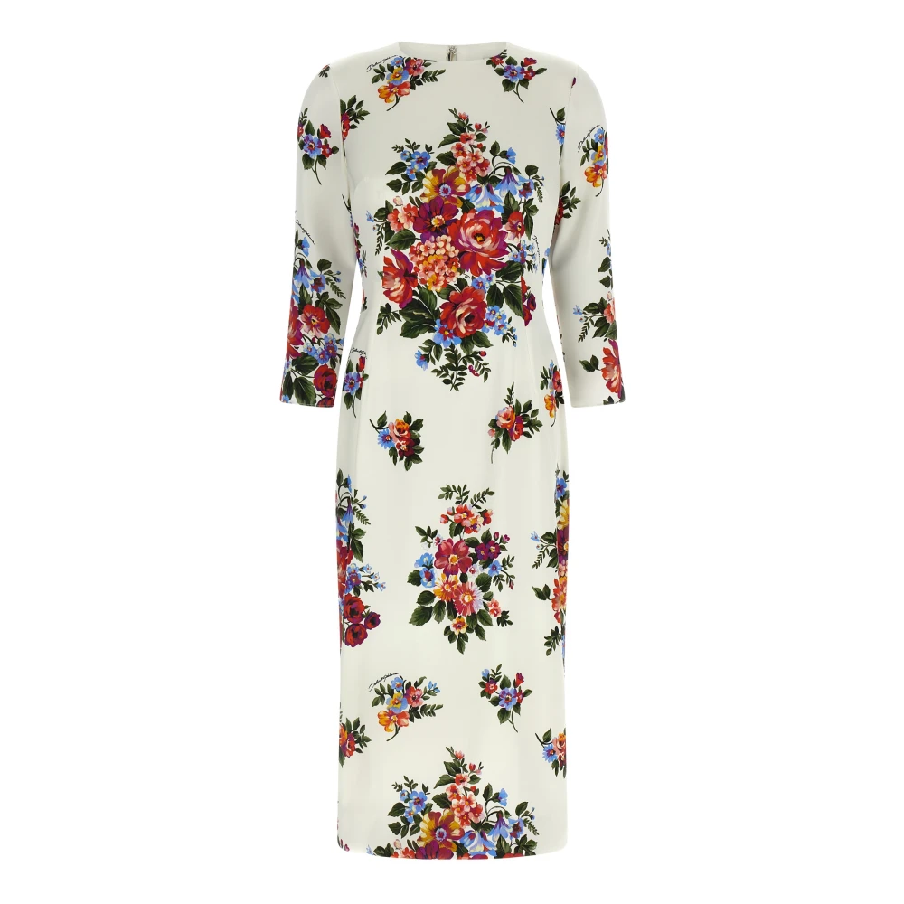 Dolce & Gabbana Multicolor Midi Dresses, Female, 3XL, Mazzo Di Fiori Print Satin Midi Dress