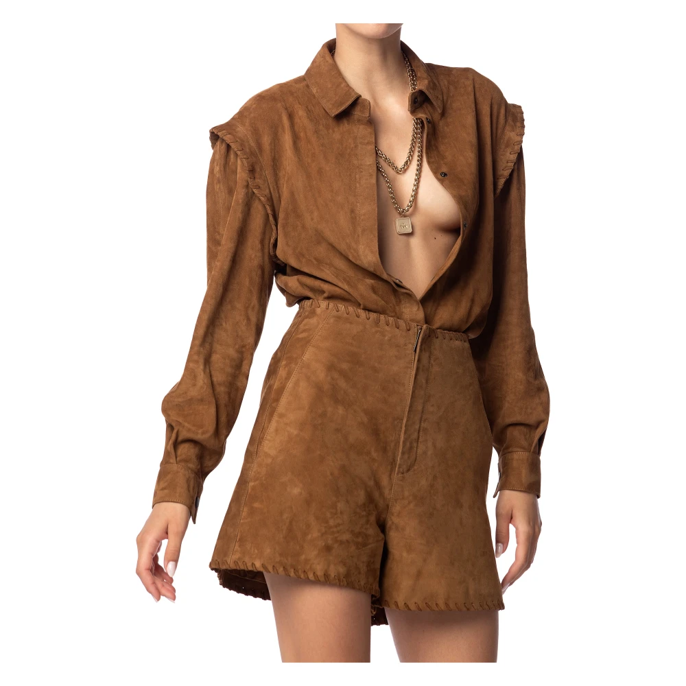 MVP wardrobe Suède Overhemd met Vlechtdetail Brown Dames
