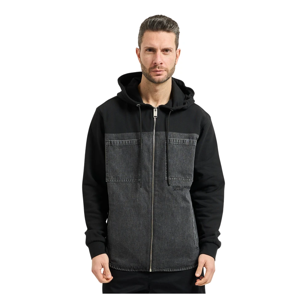 Karl Lagerfeld Black Zip-Throughs, Male, L, Mixed-Material Denim Jacket