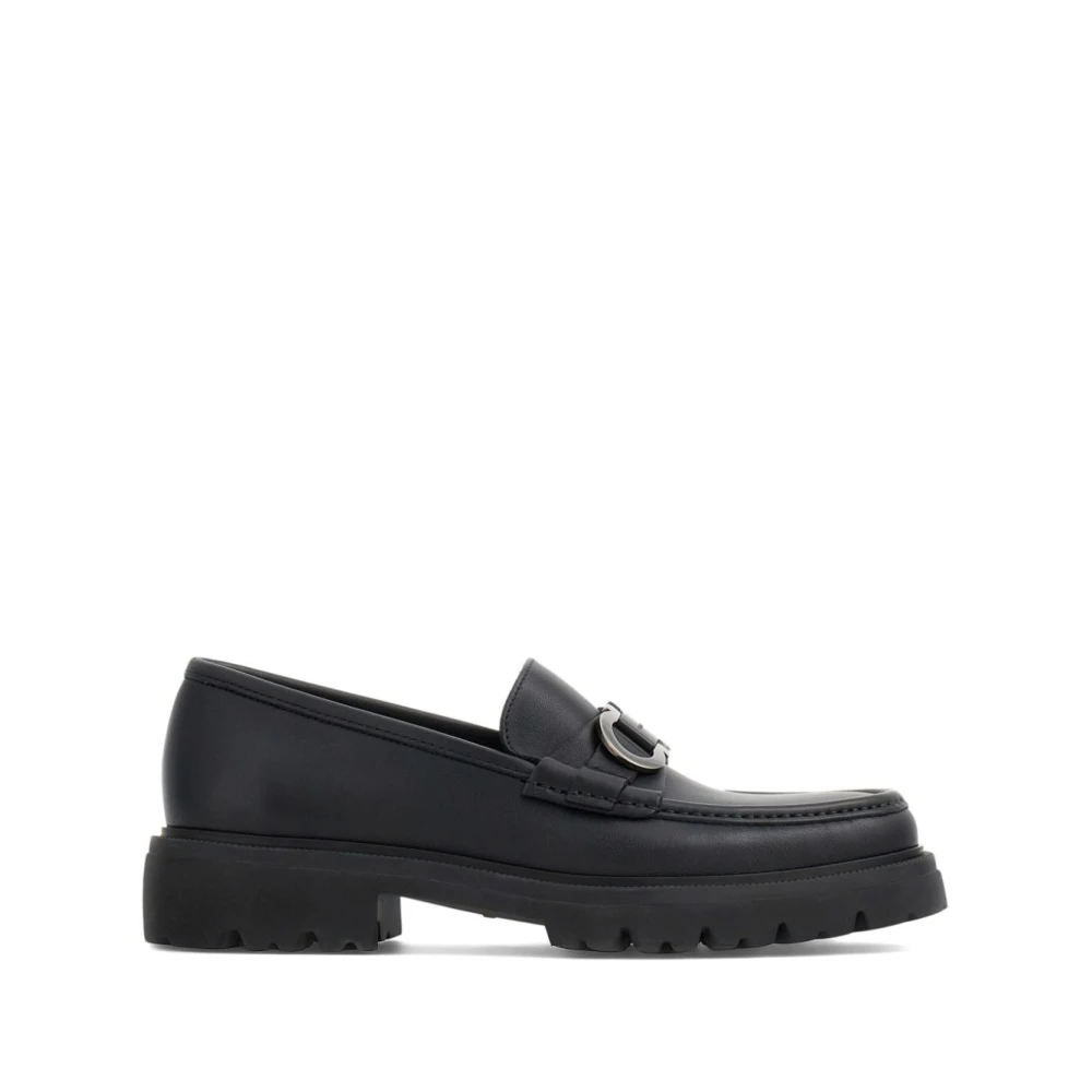 Ferragamo Men's Black Loafers, 6 Uk, Flat Shoes With Gancini Buckle
