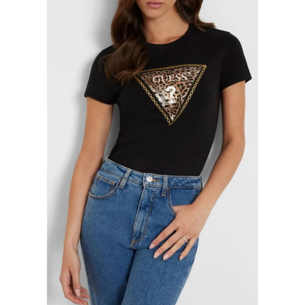 Guess Driehoek Logo Strass T-shirt Black Dames