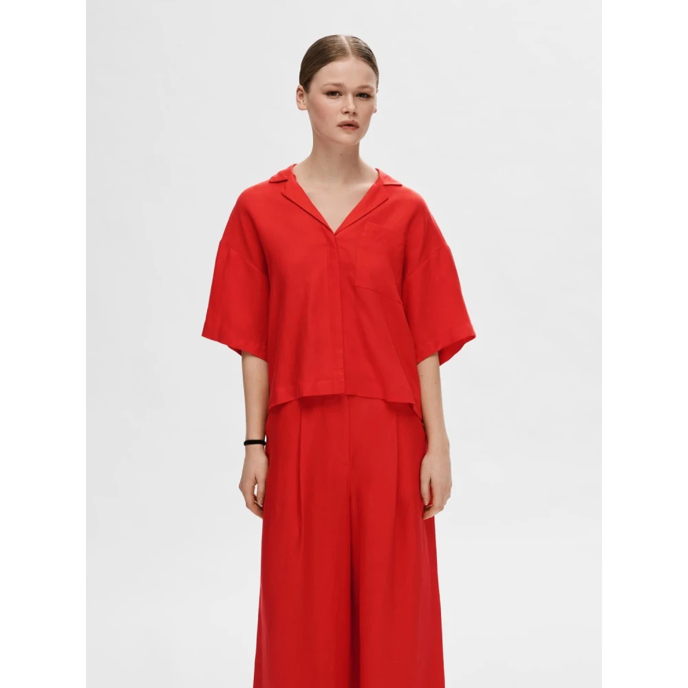 Selected Femme Boxy Revers Linnen Overhemd Flame Scarlet Red Dames