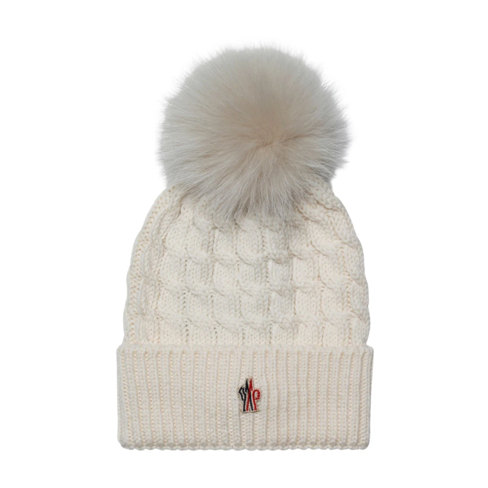 Moncler Vit Kabelstickad Beanie med Logo Patch White, Dam