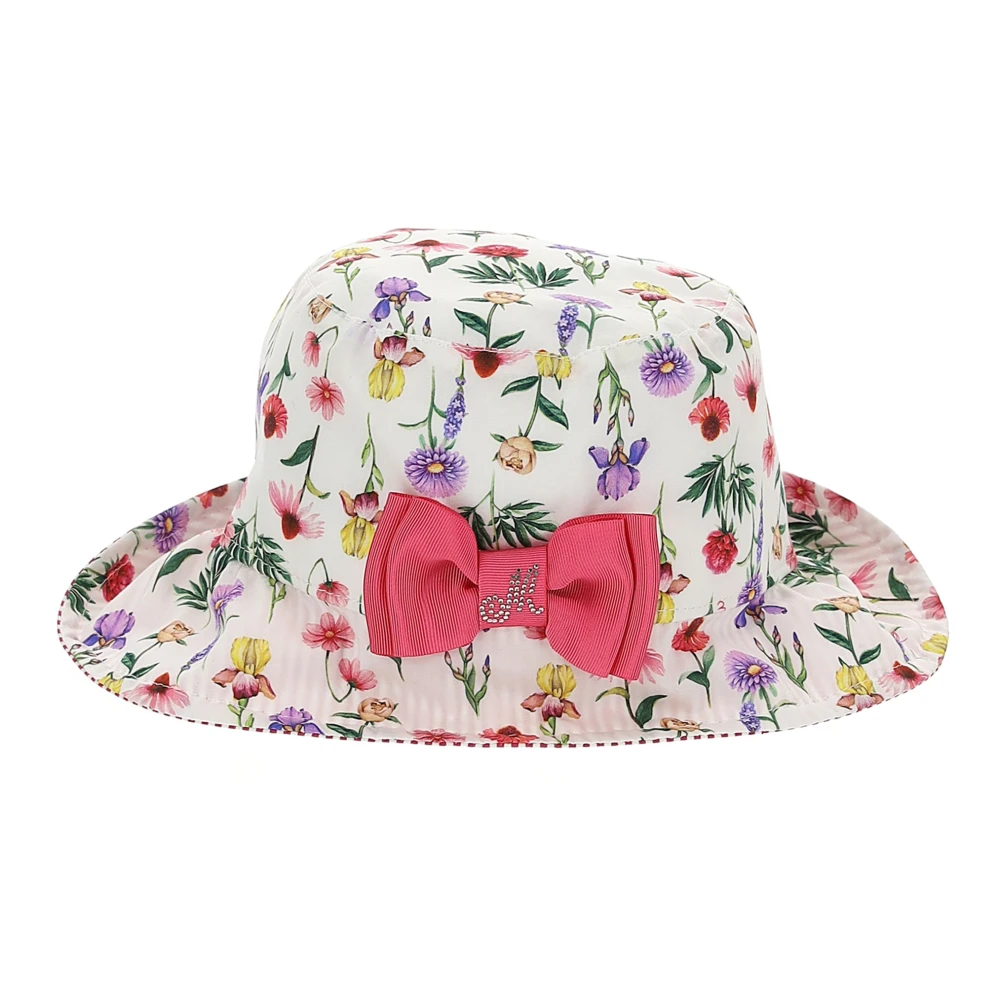 Monnalisa White Hats & Caps, Female, 52 Cm, Poplin Hat With Grosgrain Bow