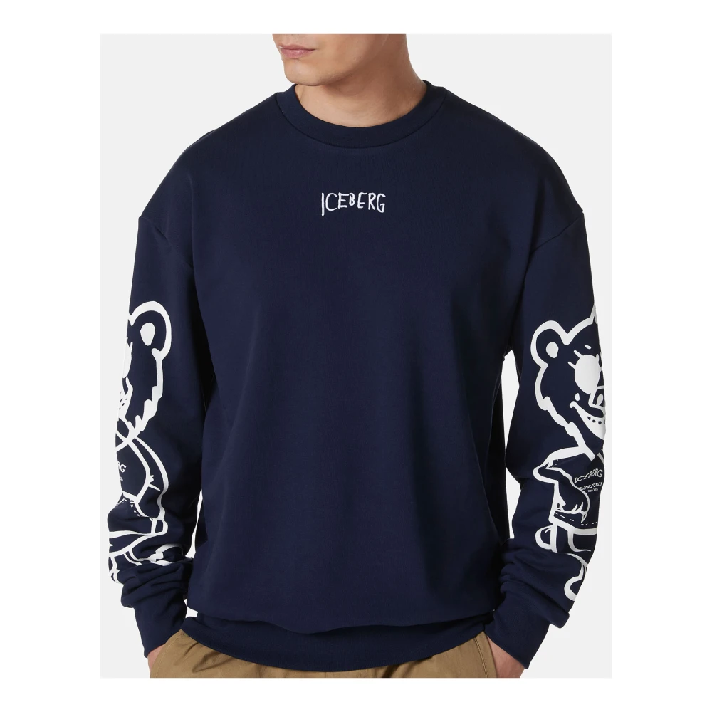 Iceberg Regular fit blauwe crewneck sweatshirt met beerprint en logoborduursel Blue Heren