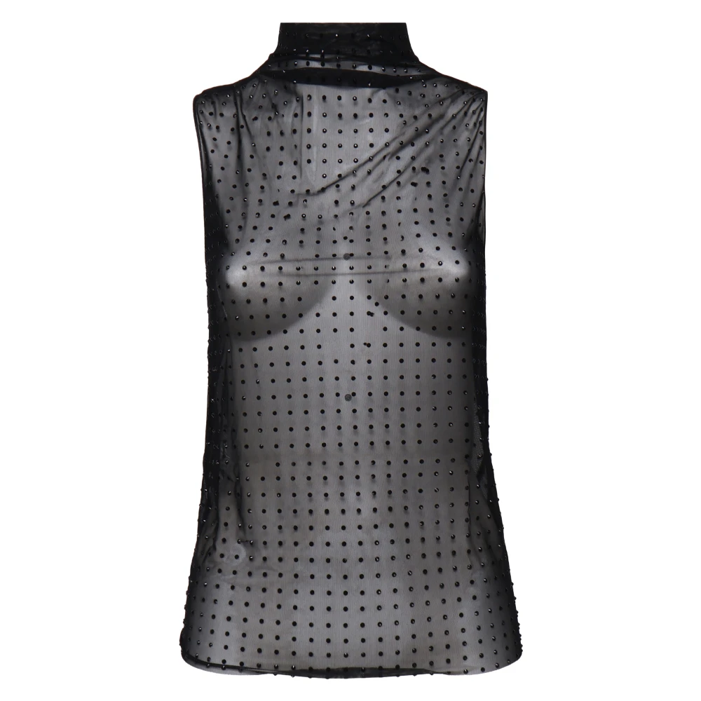 pinko Zwarte Mouwloze Top van Tule met Strass Black Dames