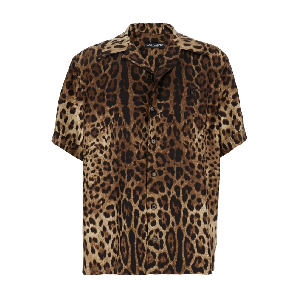 Dolce & Gabbana Leopard Print Cuban Collar Bowling Shirt Brown Heren