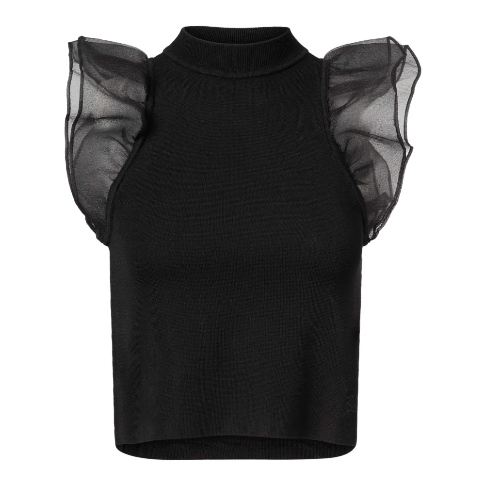 Karl Lagerfeld Ruffle Sleeve Ribbed Top Black Dames