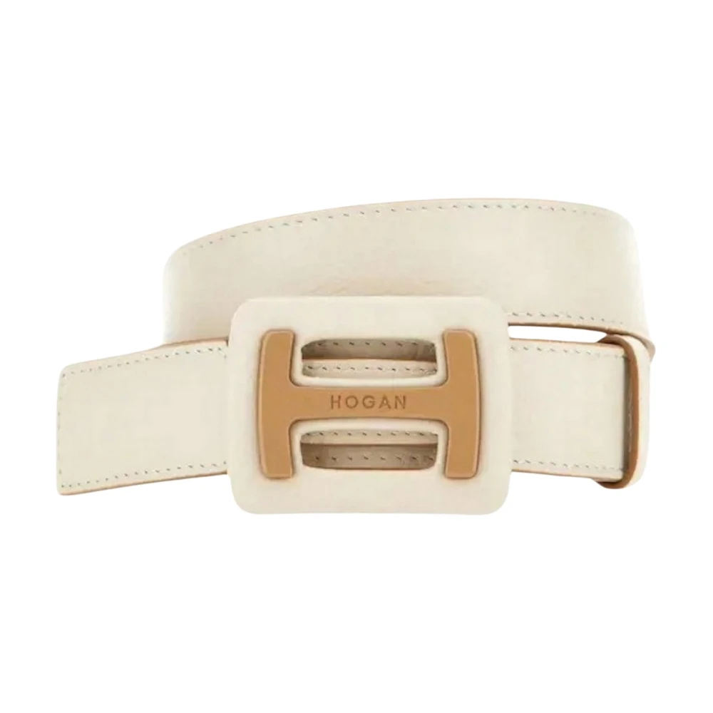 Hogan Gehamerd Leren Riem met Iconische Gesp Beige Dames