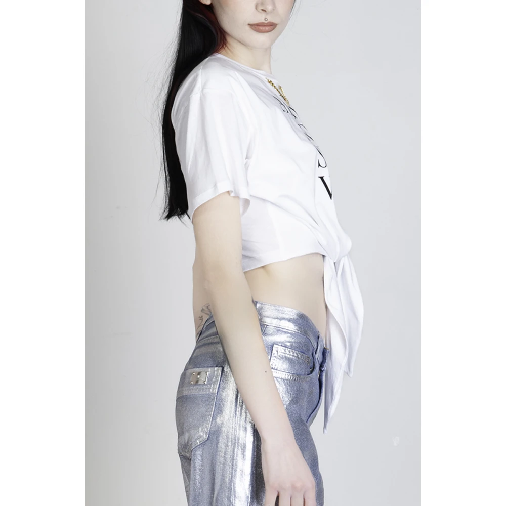 Elisabetta Franchi Witte Cropped T-shirt met Knoop en Print White Dames