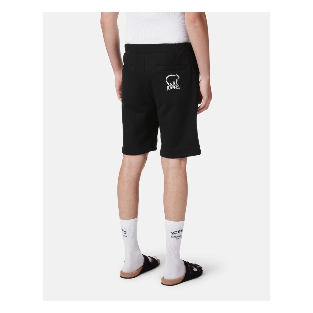 Iceberg Zwarte slim fit Bermuda shorts van katoenfleece met beerprint Black Heren