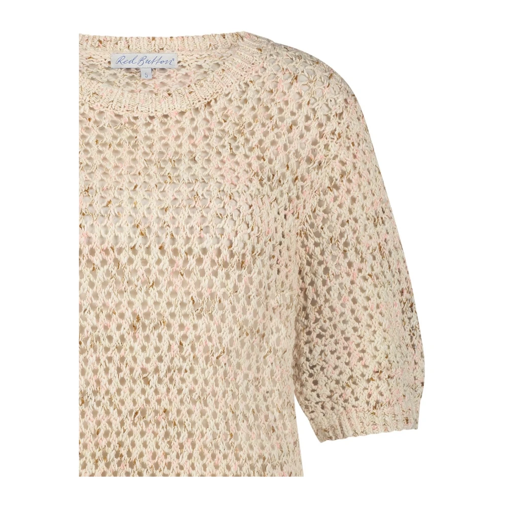 Red Button Melange Gebreide Top met Pofmouwen Beige Dames