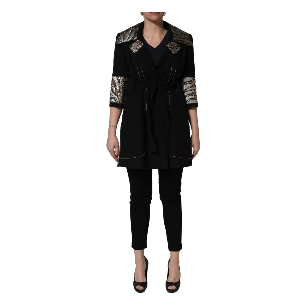Dolce & Gabbana Women's Black Belted Coats, 2XS, Single-Breasted Brocade Coat