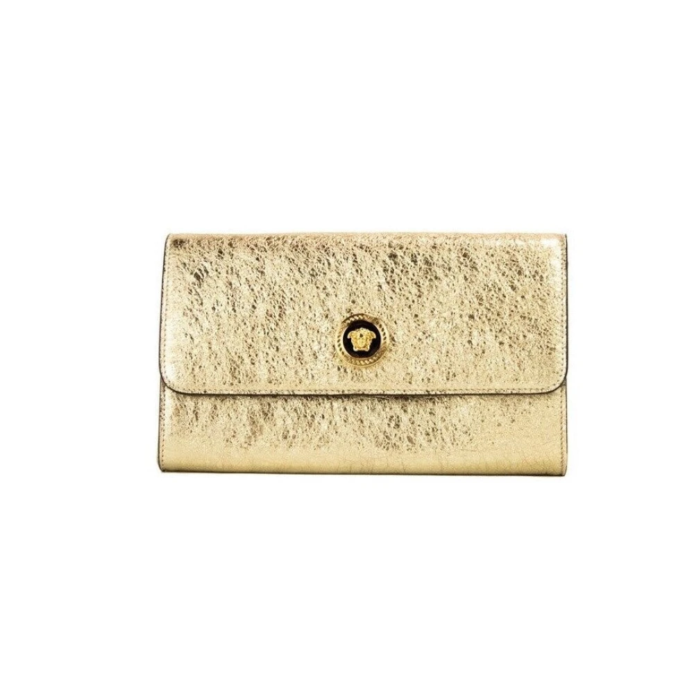 Versace Small Metallic Gold Lamb Leather Medusa Clutch Crossbody Wallet Purse Gul Dam
